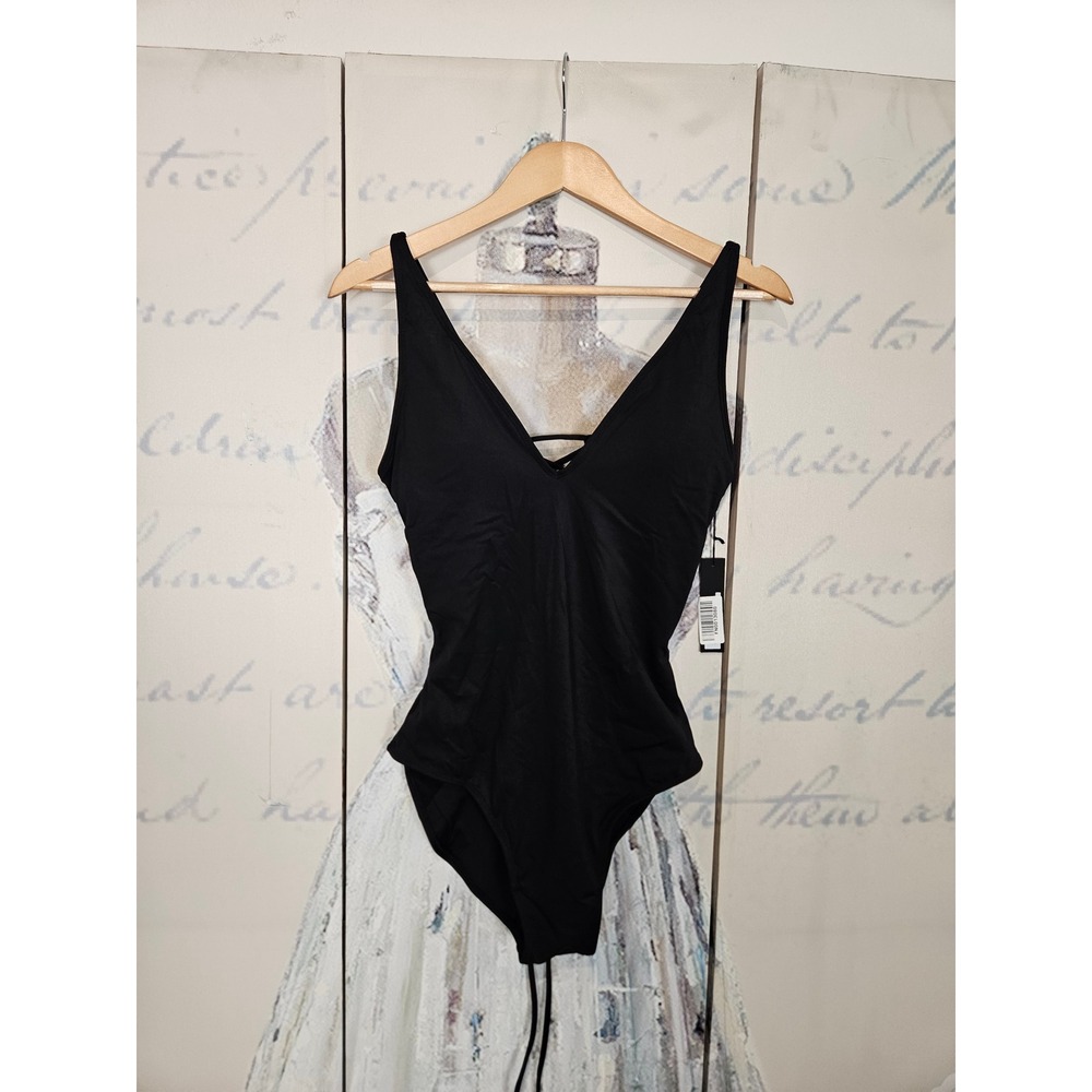 NWT TA3 Plungey One‎ Piece Swimsuit L RL Black Lace Up Back Sculpting Swimwear